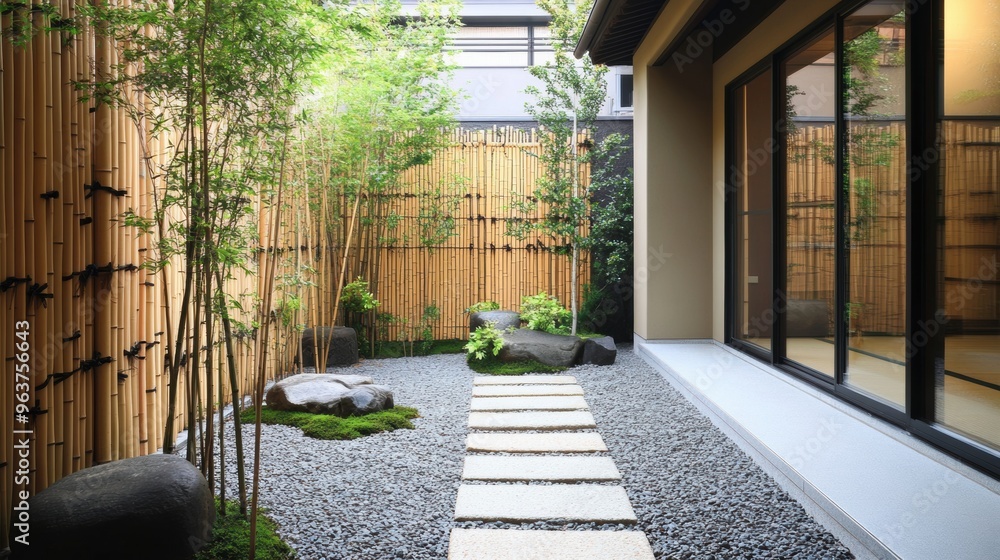 A minimalist Japanese courtyard with simple bamboo fencing a stone pathway and subtle greenery accents A minimalist Japanese courtyard with simple bamboo fencing a stone pathway and subtle greenery accents