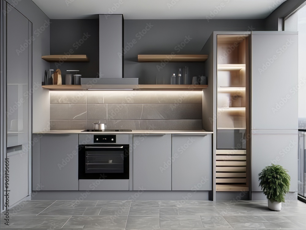 Modern Gray Kitchen with Wooden Accents and Stainless Steel Appliances Modern Gray Kitchen with Wooden Accents and Stainless Steel Appliances