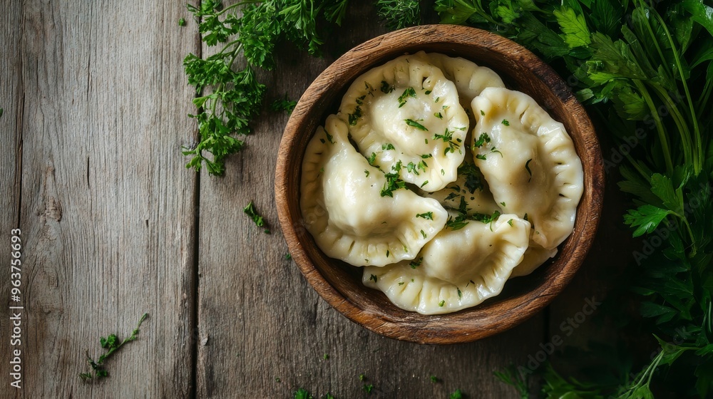 Freshly made Rangan pierogies in a wooden bowl on a rustic table, topped with fresh herbs. A traditional dish for Easter or Christmas Freshly made Rangan pierogies in a wooden bowl on a rustic table, topped with fresh herbs. A traditional dish for Easter or Christmas