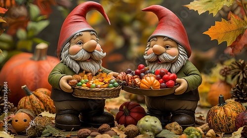 Thanksgiving  Gnomes Gnomes sharing a Thanksgiving feast, autumn backdrop, flat design illustration photo