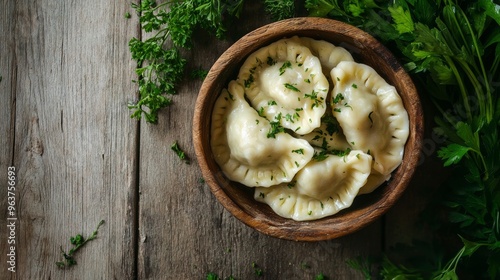 Freshly made Rangan pierogies in a wooden bowl on a rustic table, topped with fresh herbs. A traditional dish for Easter or Christmas