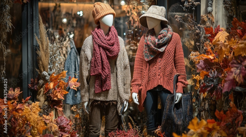 Obraz premium Autumn fashion display with cozy sweaters and accessories in a storefront window during a vibrant fall season