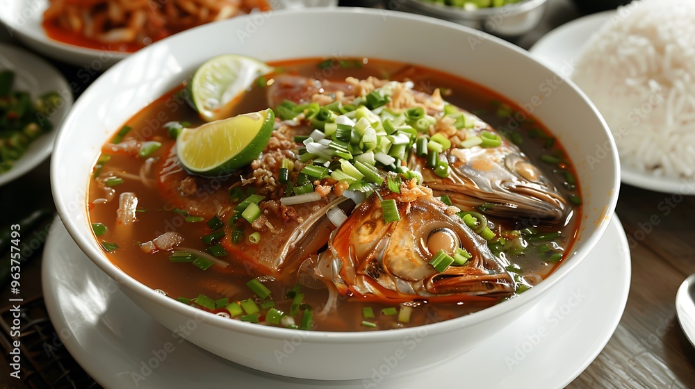 A bowl of pindang patin with sour and spicy catfish soup garnished with fried shallots and lime served with steamed rice creating an authentic Indonesian culinary experience A bowl of pindang patin with sour and spicy catfish soup garnished with fried shallots and lime served with steamed rice creating an authentic Indonesian culinary experience