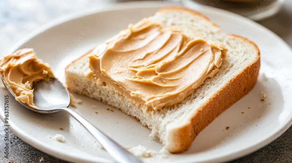 A white plate with a piece of bread spread with peanut butter and mayonnaise, spoon at the ready, captured in close-up for National Fluffernutter Day A white plate with a piece of bread spread with peanut butter and mayonnaise, spoon at the ready, captured in close-up for National Fluffernutter Day