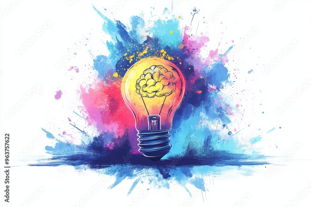 Brain architecture brain bulb Light bulb with a glowing brain surrounded by vivid splashes of paint symbolizing the fusion of intellect creativity and innovation in an artistic representation Brain architecture brain bulb Light bulb with a glowing brain surrounded by vivid splashes of paint symbolizing the fusion of intellect creativity and innovation in an artistic representation