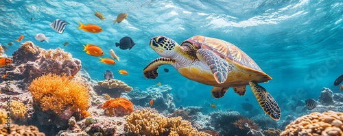 Sea Turtle Swimming Through Vibrant Coral Reef