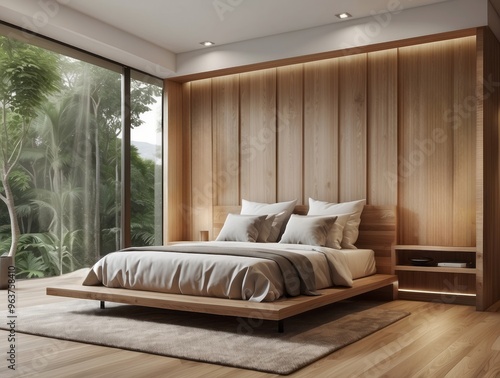 Modern Bedroom with Wooden Walls, Bed, and Floor photo