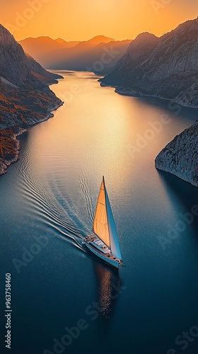 Sailboat gliding through a serene canyon at sunset photo