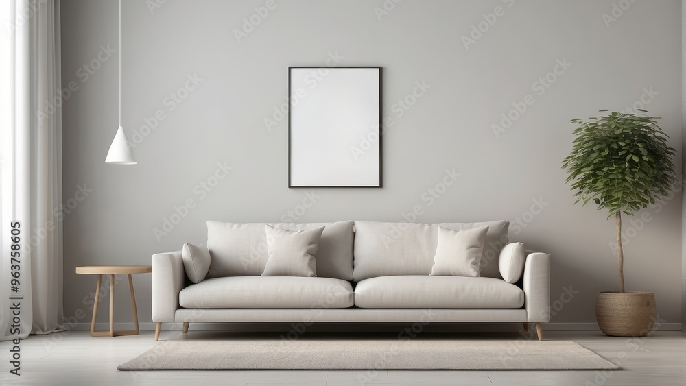 Fototapeta premium Minimalist Living Room with White Sofa, Rug, and Pendant Light