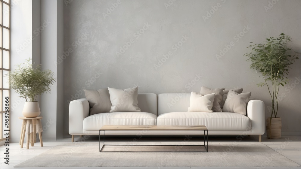 Minimalist Living Room with White Sofa, Coffee Table, and Plants Minimalist Living Room with White Sofa, Coffee Table, and Plants
