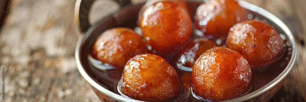 Close-up view of Gulab Jamun, a classic sweet dessert served in a metal bowl.