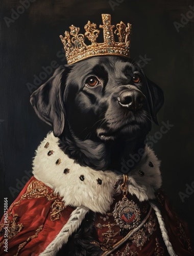 A detailed oil painting of a black Labrador in kingly attire, adorned with a golden crown and a richly detailed red and white uniform. The dark backdrop highlights the dog's majestic pose