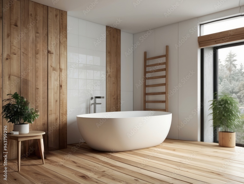 Modern Bathroom with Freestanding Tub, Wooden Accents, and a Window View Modern Bathroom with Freestanding Tub, Wooden Accents, and a Window View