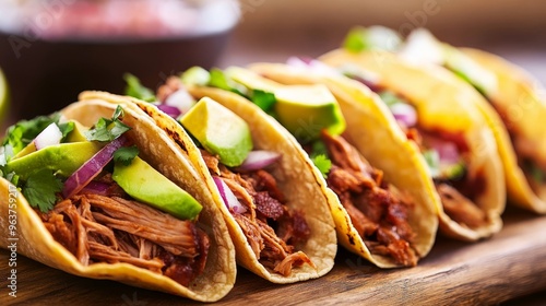 A close-up of scrumptious pulled pork tacos with avocado and lettuce, elegantly presented on a wooden table. National Taco Day theme photo