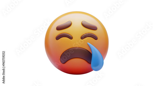 A 3D rendering of a crying emoji with a sad expression, furrowed eyebrows, and a large blue teardrop running down face