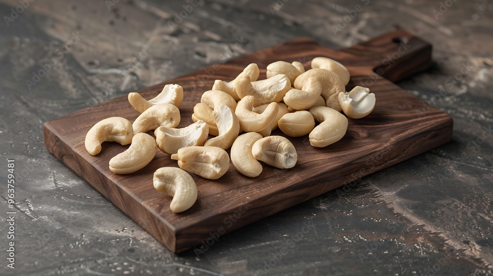 A handful of shelled and unshelled cashew nuts displayed on a dark wooden board with a natural texture highlighting the contrast between creamy white nuts and rough brown shells