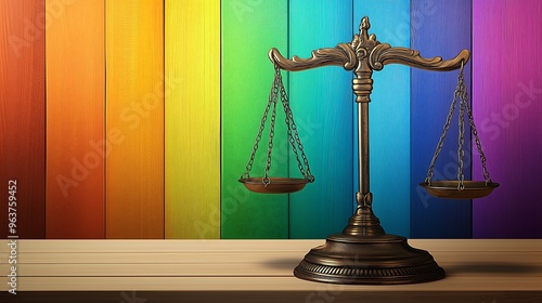 Justice scales with rainbow background representing equality and rights photo