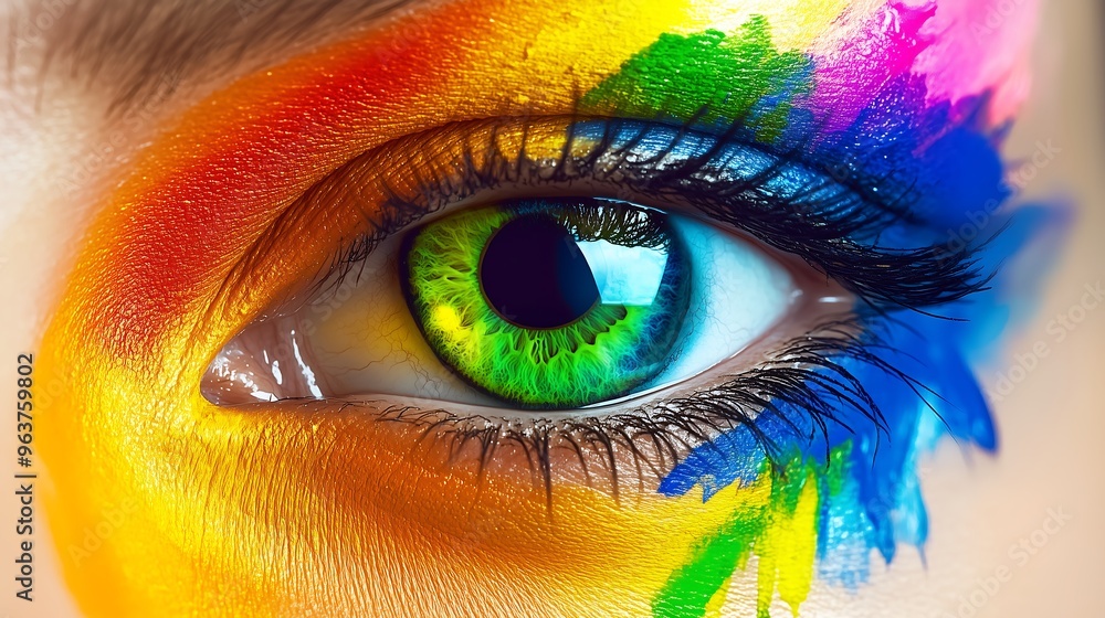 Close-up of eye with rainbow paint reflecting pride and diversity Close-up of eye with rainbow paint reflecting pride and diversity