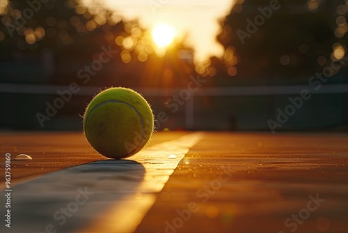 Close Up of Tennis Ball on Court at Sunset Depicting Competitive Sports