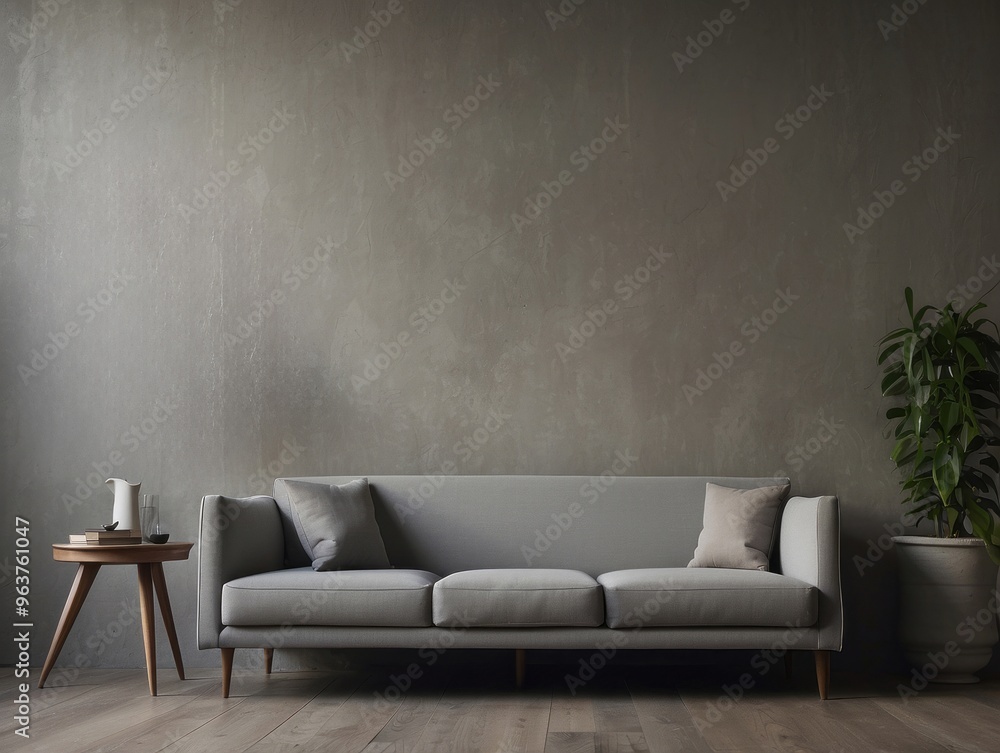 Grey Sofa with Wooden Legs in Minimalist Room Grey Sofa with Wooden Legs in Minimalist Room