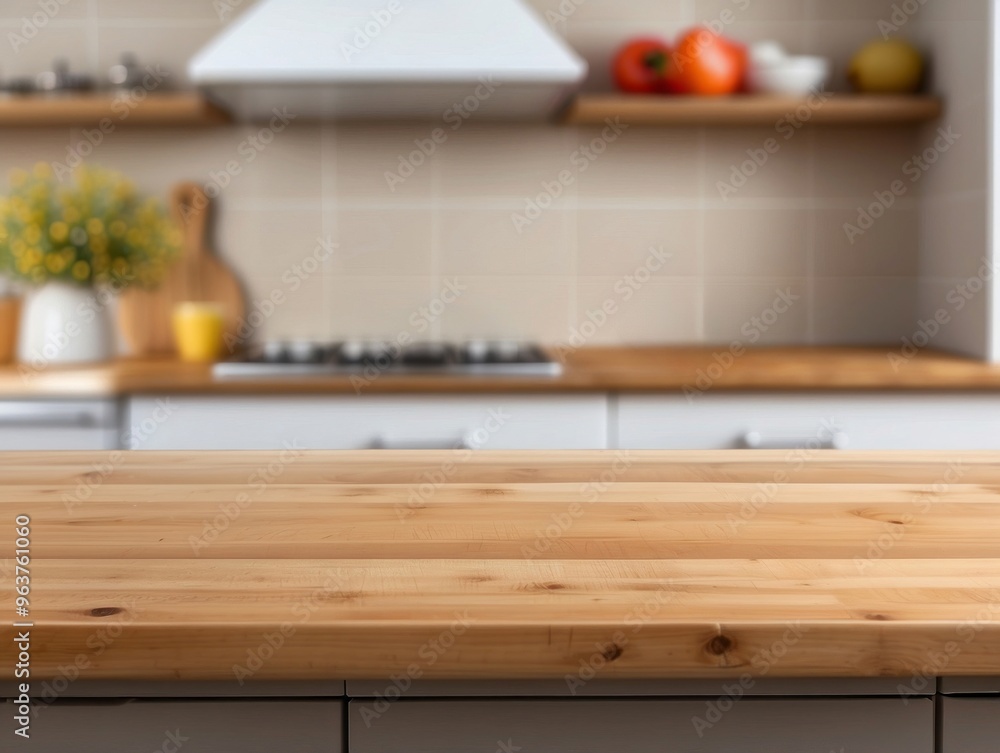Closeup of Wooden Countertop with Blurred Kitchen Background Closeup of Wooden Countertop with Blurred Kitchen Background