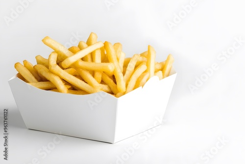 Fried potatoes served in a white box, a classic fast food snack photo