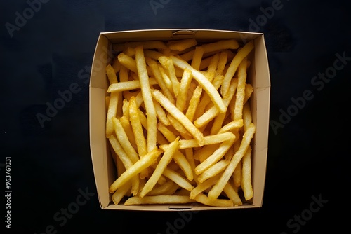 Fried potatoes served in a white box, a classic fast food snack photo