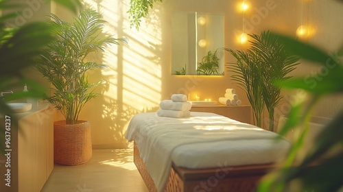 Spa Room Interior with Massage Table  White Towels  and Plants