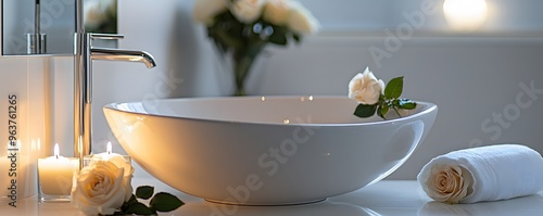 White Bathroom Sink with Roses and Candles photo