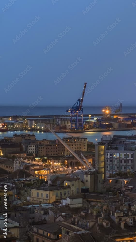 Evening timelapse of Genoa (Genova) port, Italy with port cranes and industrial zone in thunderstorm with lighting. Genoa, Italy. Camera zoom in effect Evening timelapse of Genoa (Genova) port, Italy with port cranes and industrial zone in thunderstorm with lighting. Genoa, Italy. Camera zoom in effect