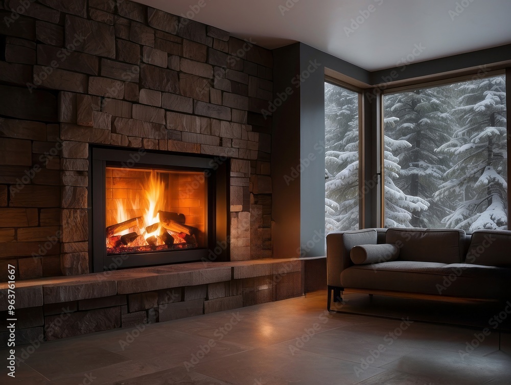 Cozy Living Room with Stone Fireplace and Snowy Forest View Cozy Living Room with Stone Fireplace and Snowy Forest View