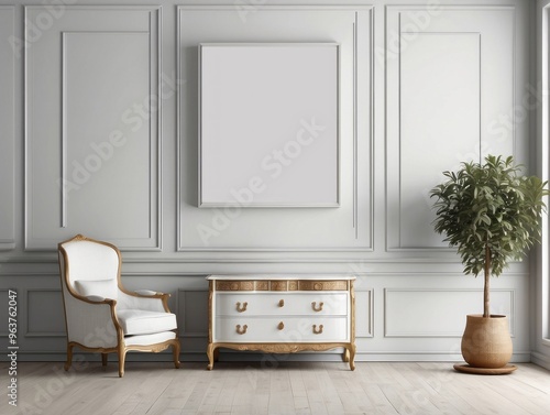 Wallpaper Mural A Classic White Room With an Ornate Chest of Drawers, a Chair, and a Plant Torontodigital.ca