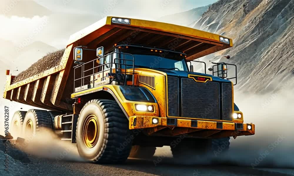 A large yellow dump truck is moving at a mining site A large yellow dump truck is moving at a mining site