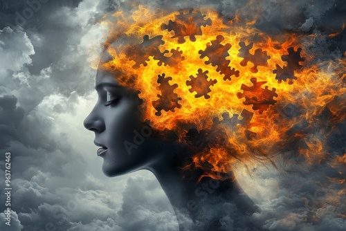 Brain circuits brain puzzle Woman with fiery puzzle pieces emerging from her head symbolizing creativity thought and the complexity of human intellect in a surreal design