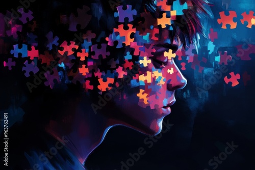 Neocortex brain puzzle Man with glowing puzzle pieces surrounding his head symbolizing the complexity of thought and the process of problem solving in a surreal design