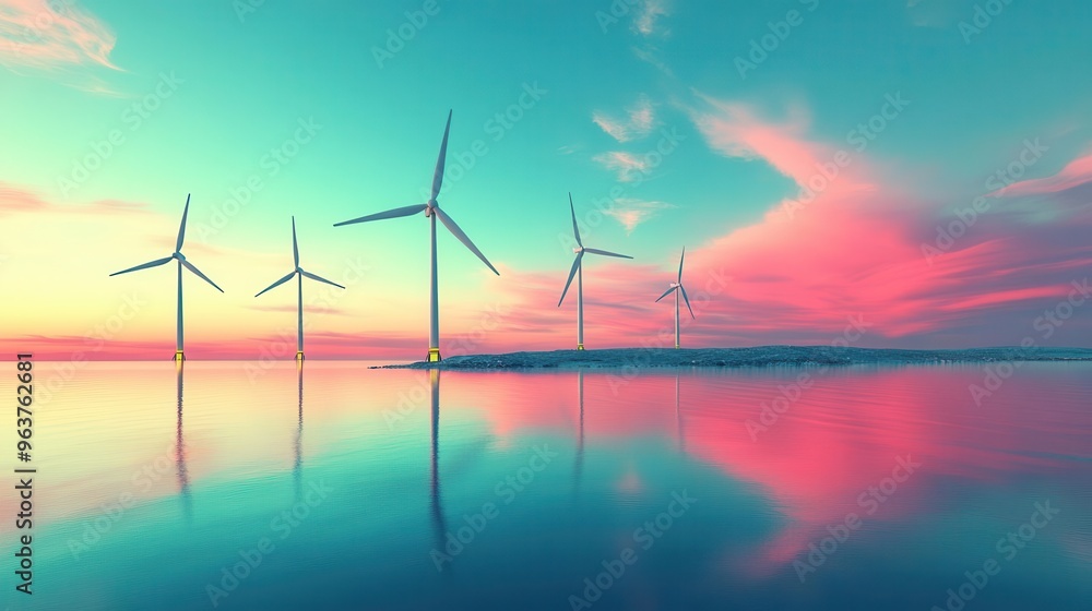 Simplified flat design of wind turbines on a calm coastal shore, clean geometric forms and vibrant colors, renewable energy theme Simplified flat design of wind turbines on a calm coastal shore, clean geometric forms and vibrant colors, renewable energy theme