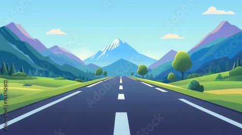 Flat design essence of endless stretching highway road adventure in colorful animated style, front view 