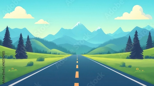 Flat design essence of endless stretching highway road adventure in colorful animated style, front view