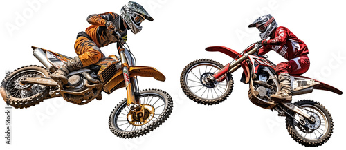 Set Of jumping mountain motocross race dirt bikes PNG isolated on white and transparent background - Dirt Mountain racing competition Motocross adventure action shot