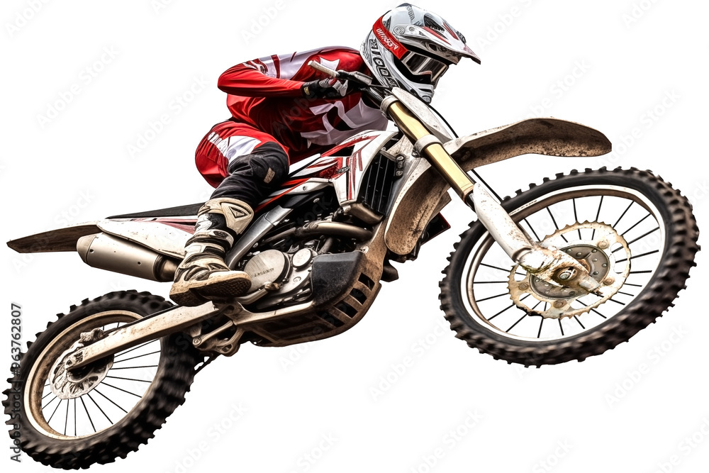 Obraz premium jumping mountain motocross race dirt bike PNG isolated on white and transparent background - Dirt Mountain racing competition Motocross adventure action shot