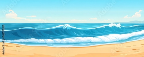 waves rolling on a tranquil sandy beach flat design, top view, calm morning, cartoon drawing, Complementary Color Scheme