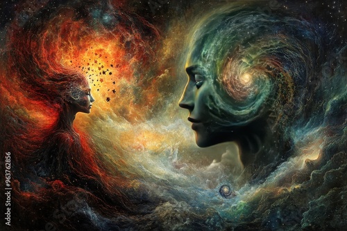 Mind Brain Puzzle Surreal cosmic journey showcasing two human profiles blending into an abstract universe filled with swirling galaxies and ethereal forms