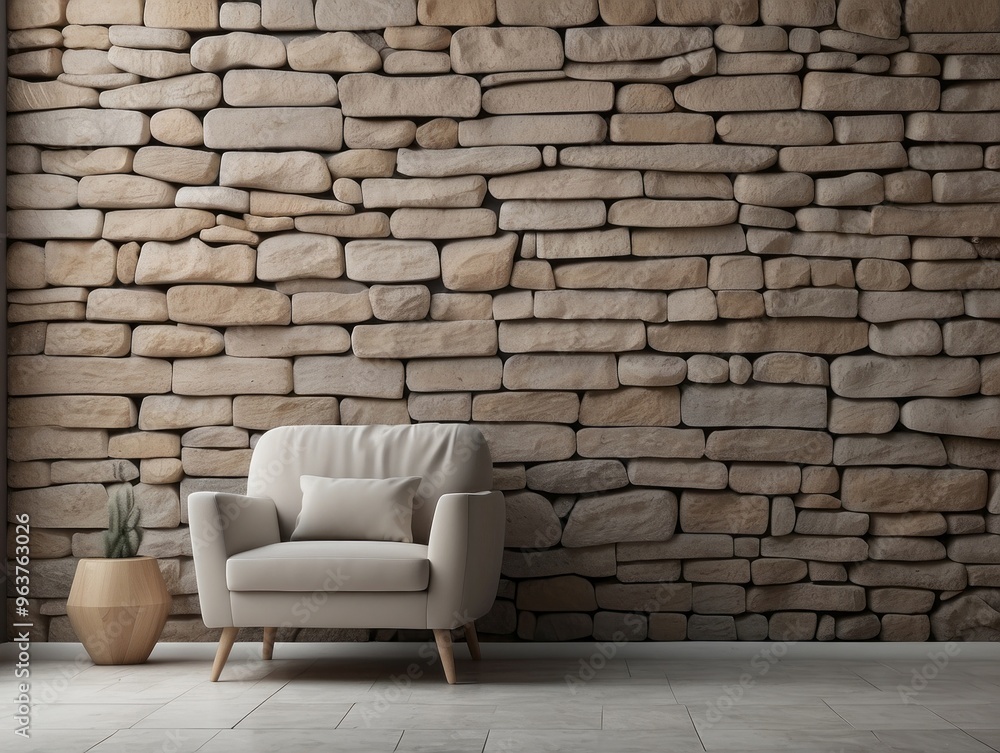 A White Armchair in Front of a Stone Wall A White Armchair in Front of a Stone Wall