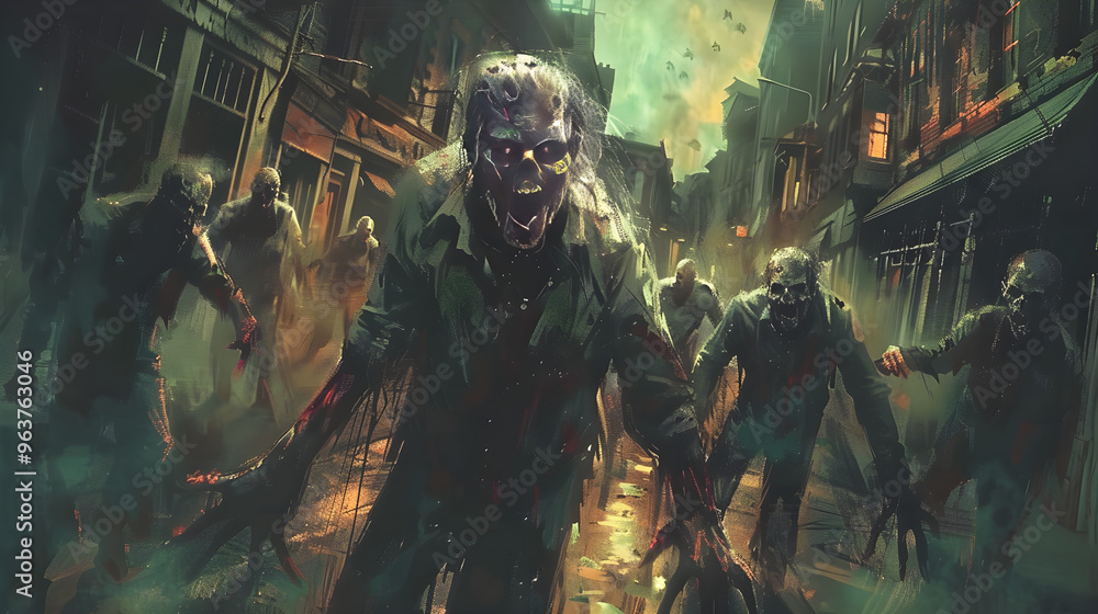 Fototapeta premium Hordes of undead roam in a post-apocalyptic world, spreading fear and chaos among the survivors.