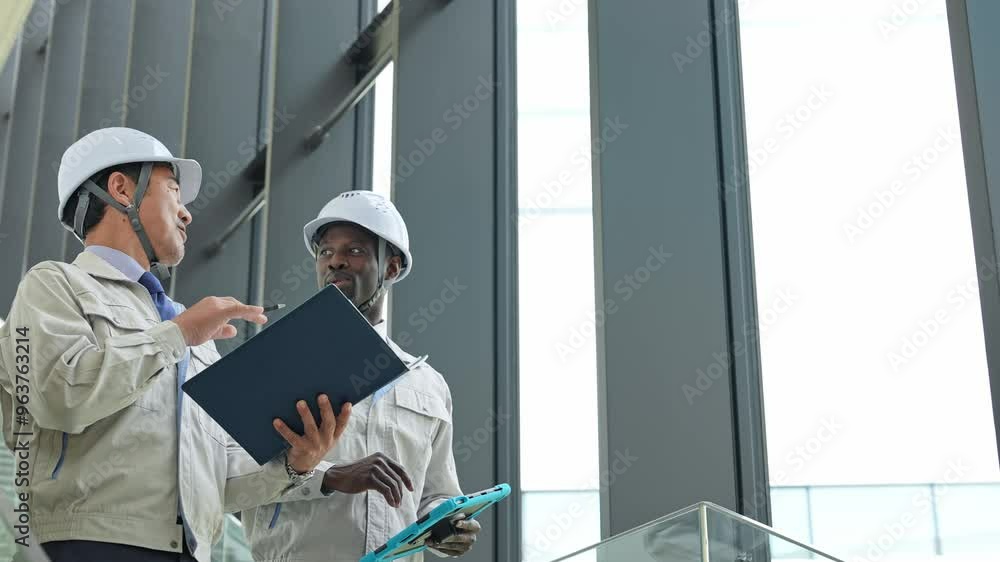Group of multinational engineers inspecting a building Group of multinational engineers inspecting a building