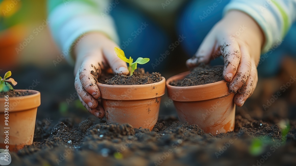 A close-up of a young plant in a terracotta pot, carefully nurtured by small hands. Perfect for themes of growth and gardening. A close-up of a young plant in a terracotta pot, carefully nurtured by small hands. Perfect for themes of growth and gardening.