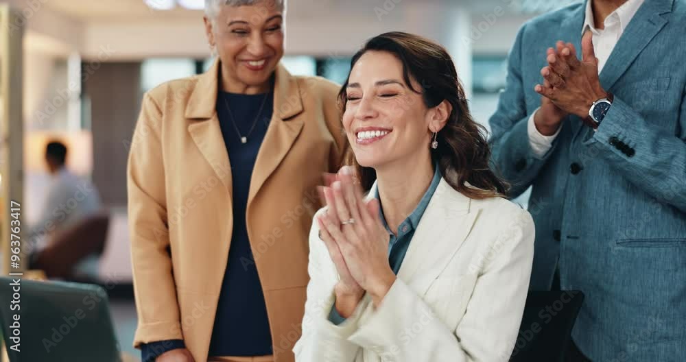 Business, people and meeting with laptop for success, promotion achievement or celebration of finance bonus. Excited, woman and team with applause for project winner, congratulations and sales target Business, people and meeting with laptop for success, promotion achievement or celebration of finance bonus. Excited, woman and team with applause for project winner, congratulations and sales target