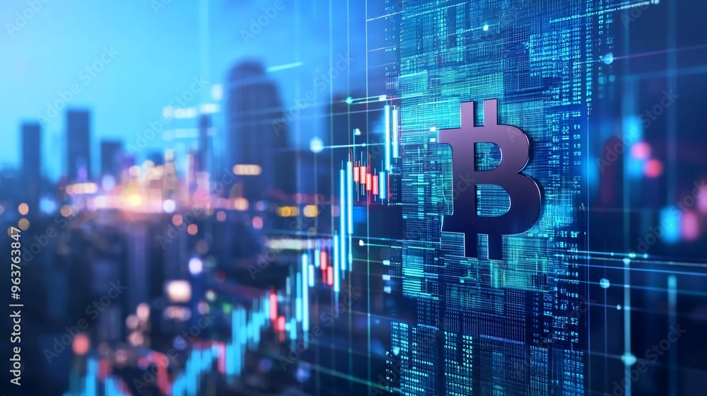 Digital cryptocurrency market Bitcoin blockchain token coin symbol graph rising trend concept, online network digital money currency technology computer code encryption, nice banner blue city backgrou Digital cryptocurrency market Bitcoin blockchain token coin symbol graph rising trend concept, online network digital money currency technology computer code encryption, nice banner blue city backgrou