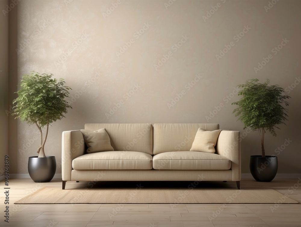 Beige Sofa in Minimalist Living Room with Two Potted Plants Beige Sofa in Minimalist Living Room with Two Potted Plants