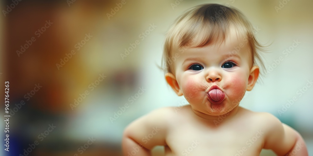 A playful baby sticks out their tongue and strikes a cheeky pose, capturing a moment of pure joy in a softly lit room on a sunny afternoon A playful baby sticks out their tongue and strikes a cheeky pose, capturing a moment of pure joy in a softly lit room on a sunny afternoon